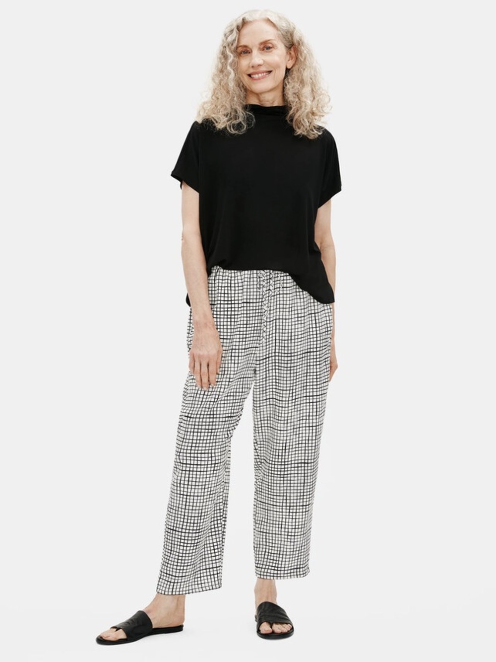 Eileen Fisher Textured Crepe Grid Slouchy Cropped Pants Size M Lounge Luxury